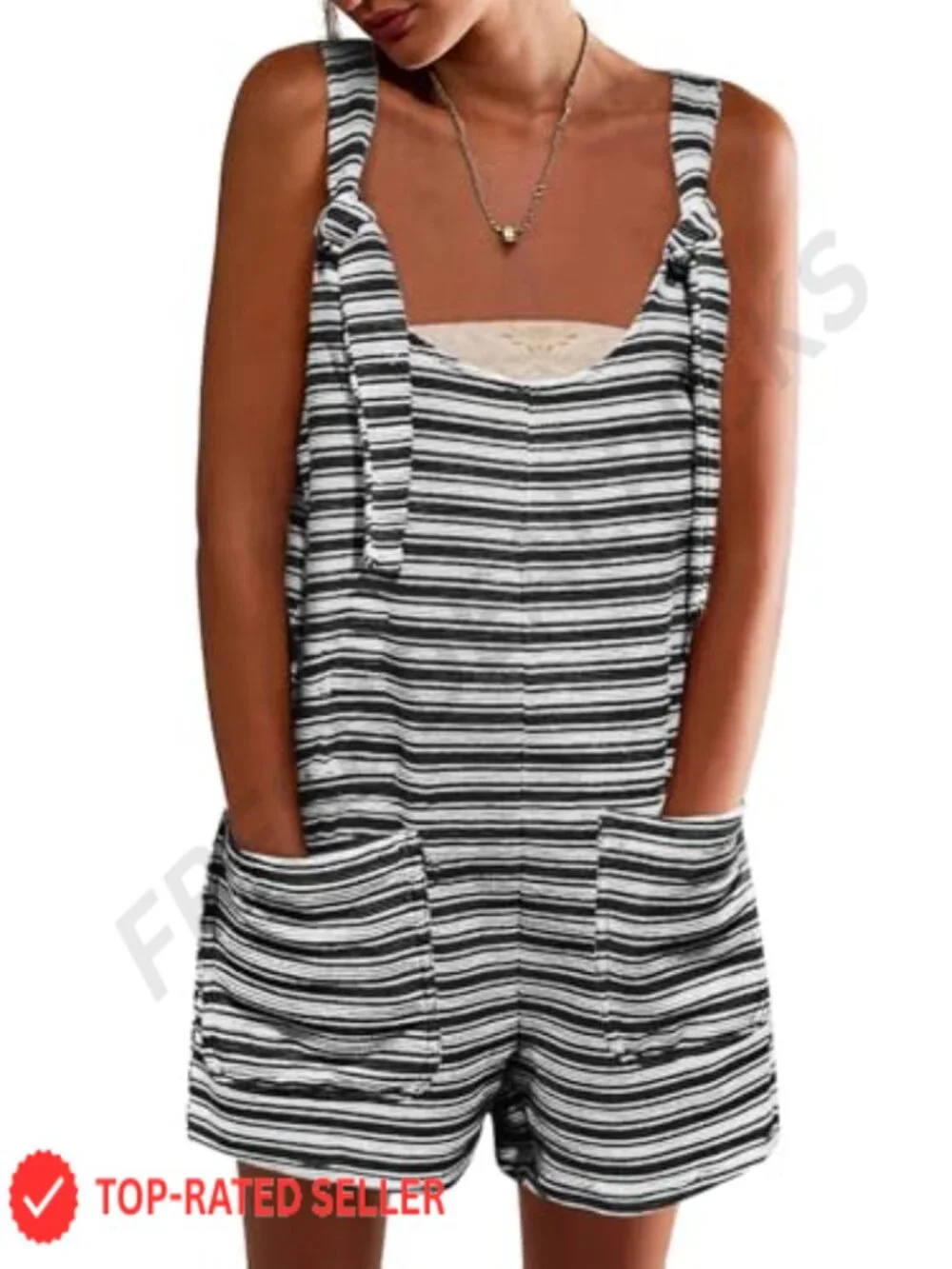 Sleeveless Striped Romper Jumpsuit for Women with Pockets Casual Summer